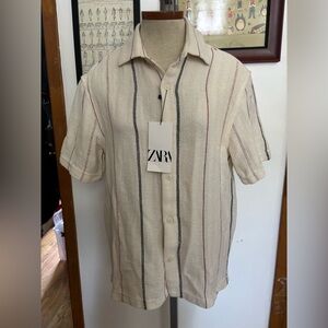 ZARA: *NWT Cotton Blend Baseball Stripe Woven Button Up SZ.S (IVORY-MULTI)